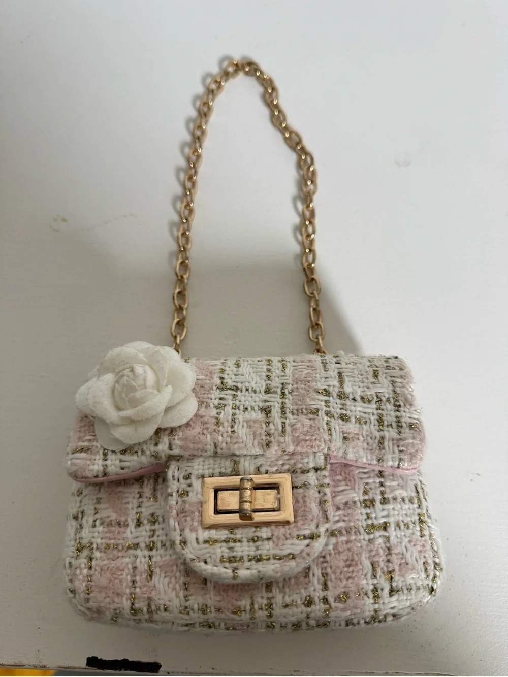 Pink Tweed Mini Crossbody Bag Gold Chain Camellia Flower Turn Lock Purse